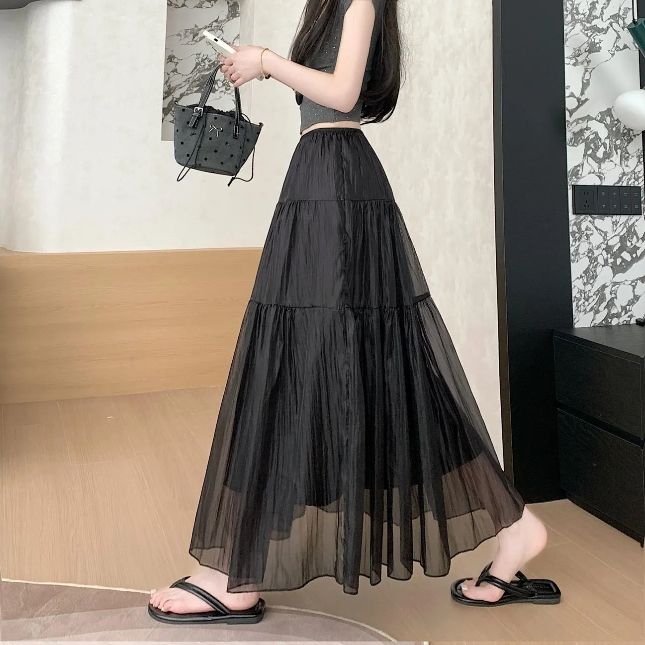 Women's Elegant Mesh A-Line Skirt with Inner Lining