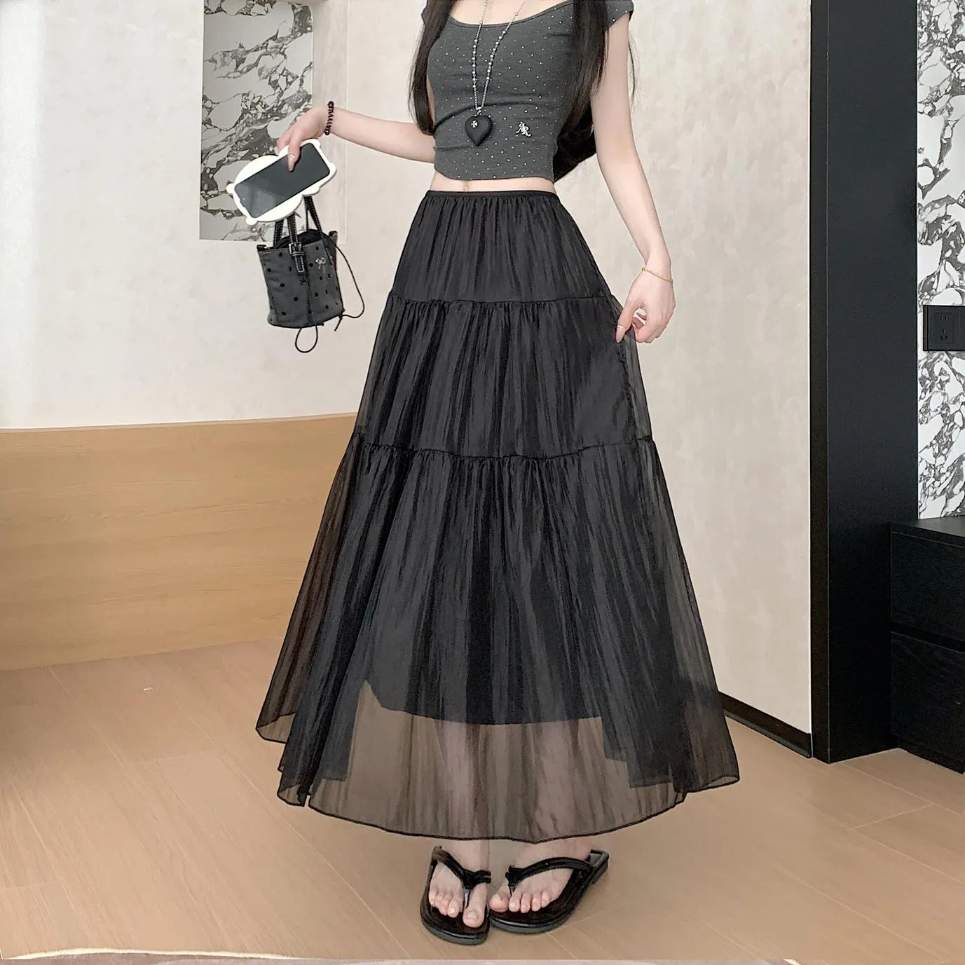 Women's Elegant Mesh A-Line Skirt with Inner Lining