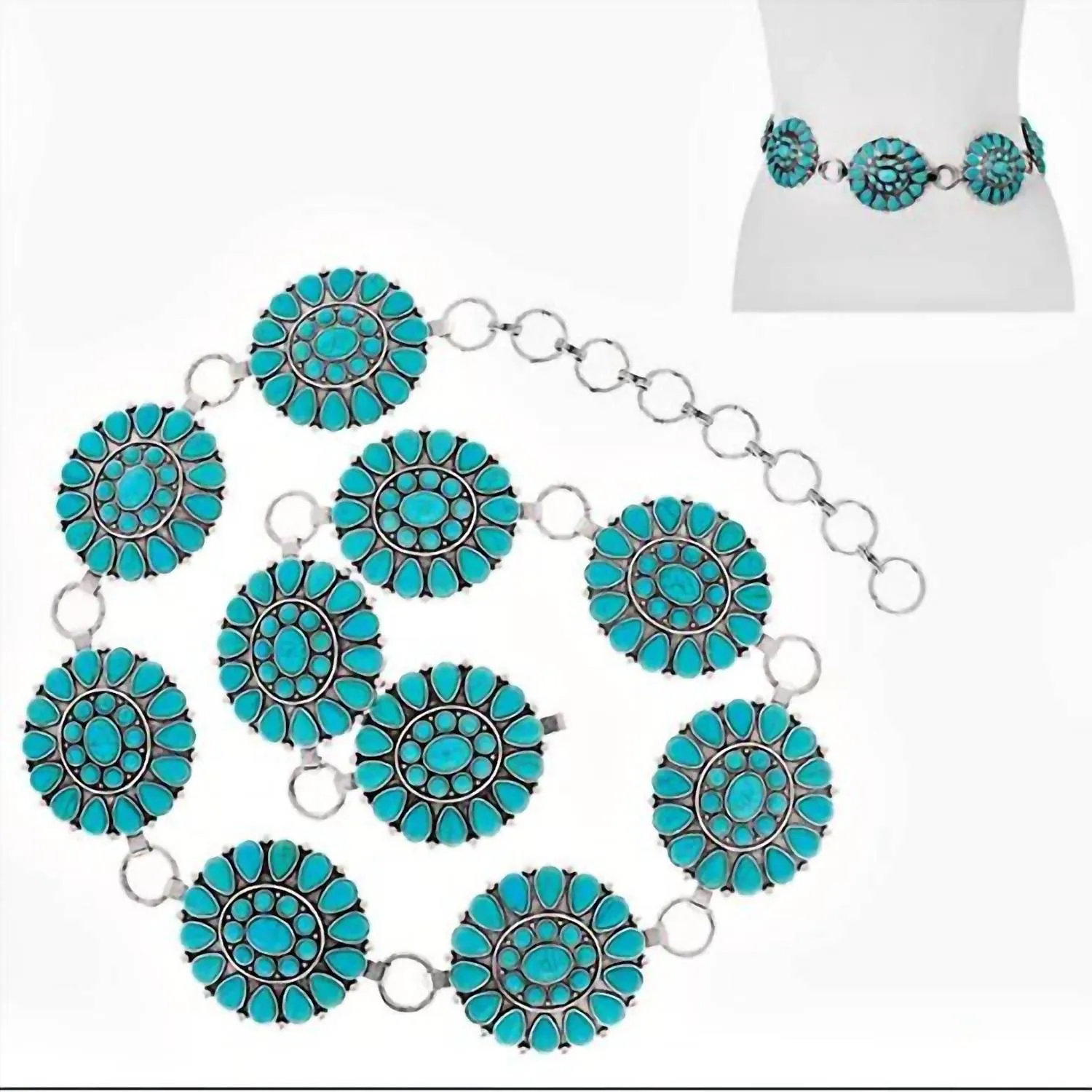 Women's Round Concho Chain Belt In Turquoise