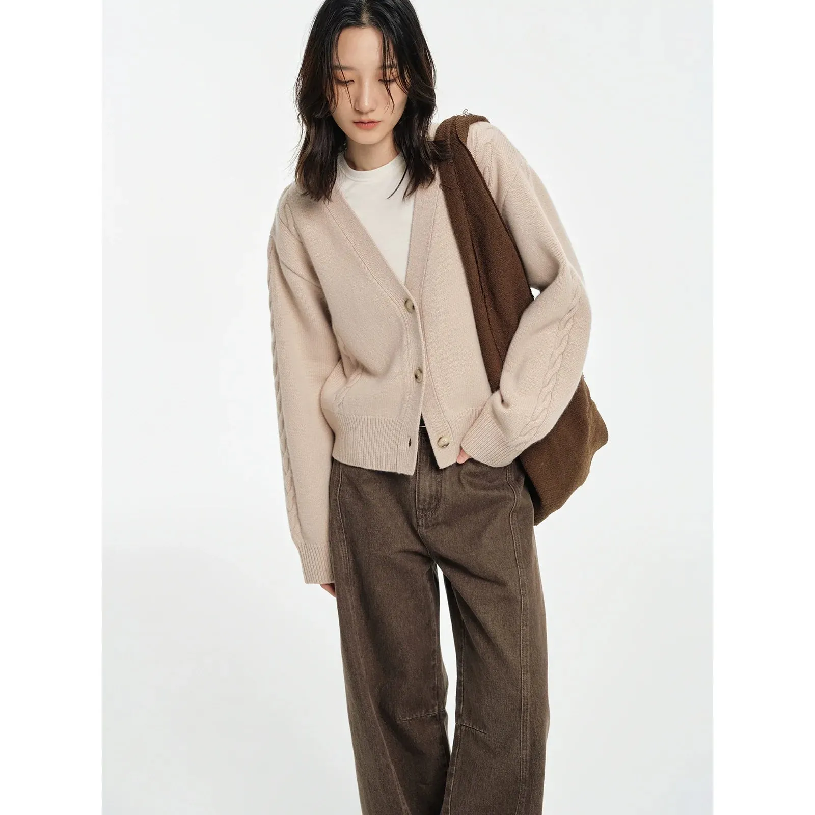 Wool Cable Knit V-Neck Cardigan