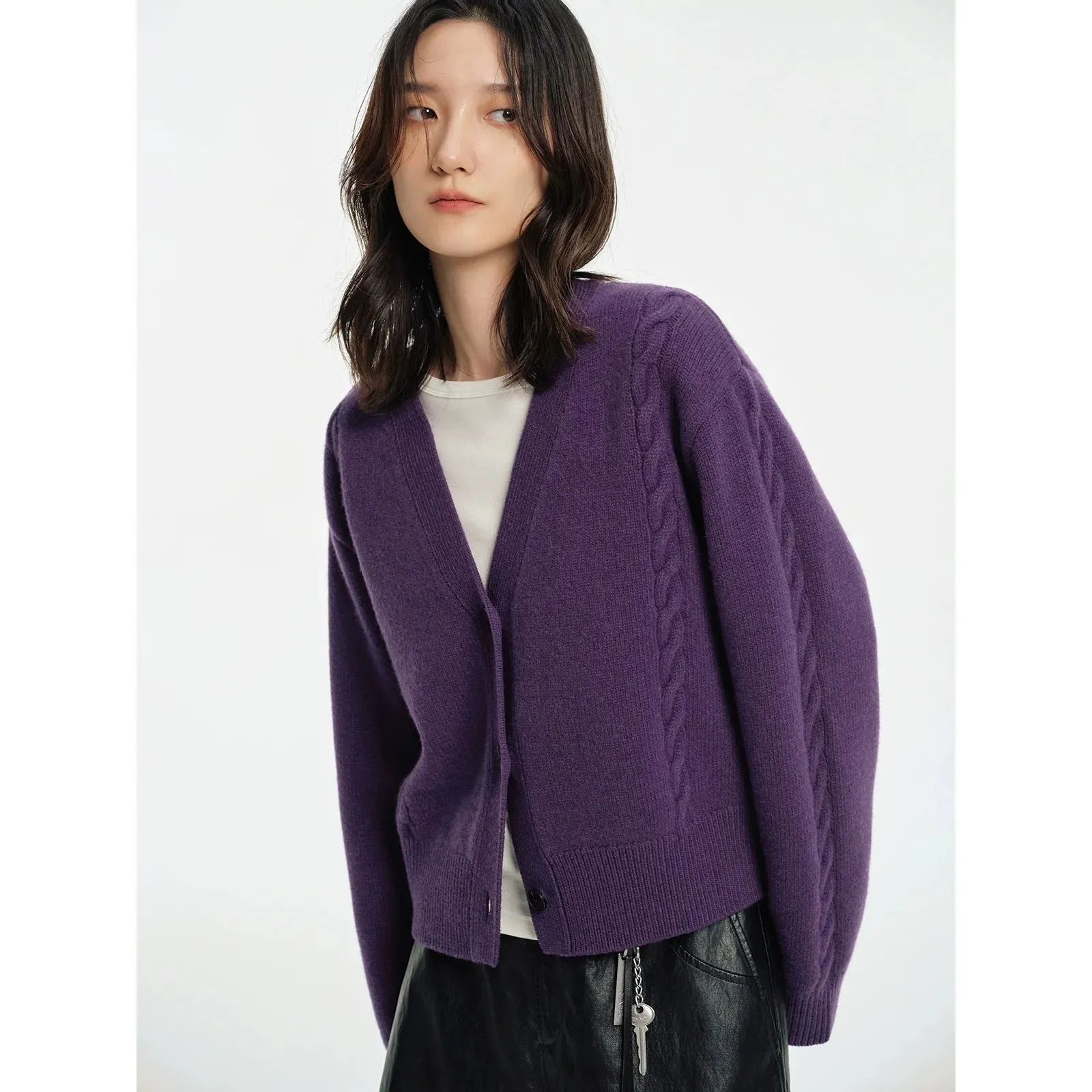 Wool Cable Knit V-Neck Cardigan