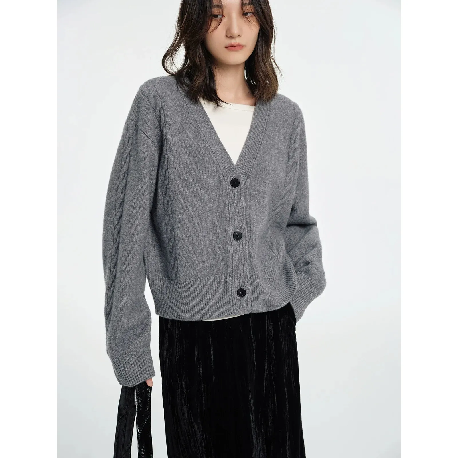 Wool Cable Knit V-Neck Cardigan