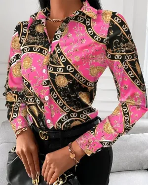 Xieyinshe - Baroque Print Button Down Long Sleeve Shirt