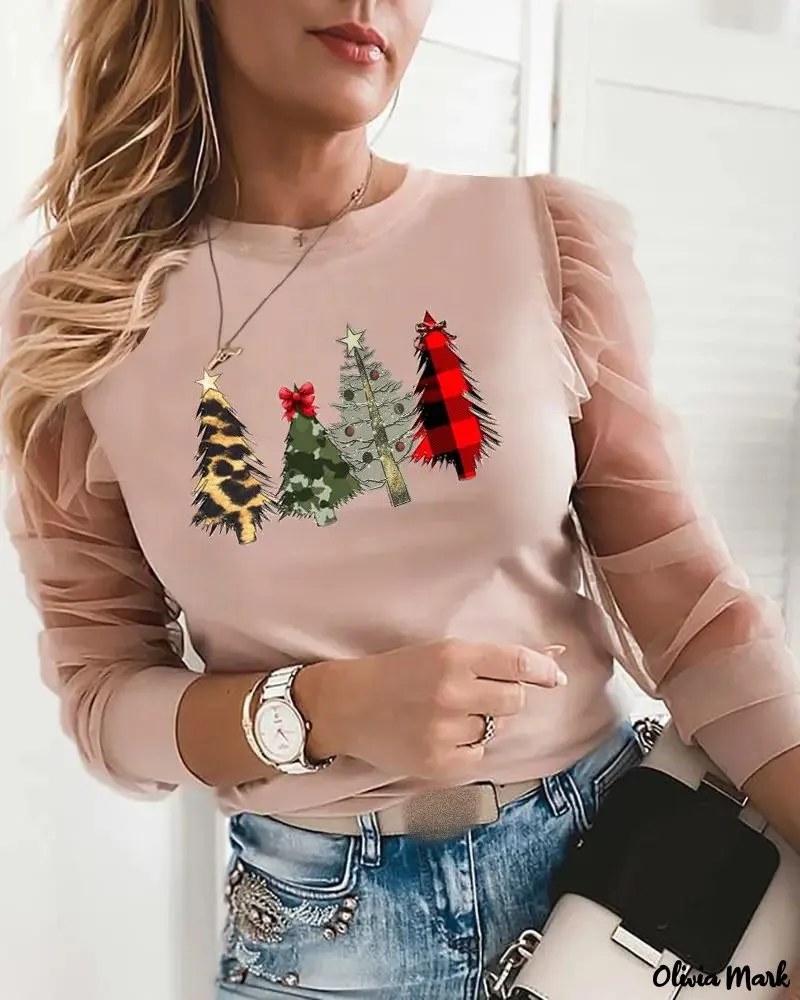 Xieyinshe - Christmas Tree Print Sheer Mesh Long Sleeve Top