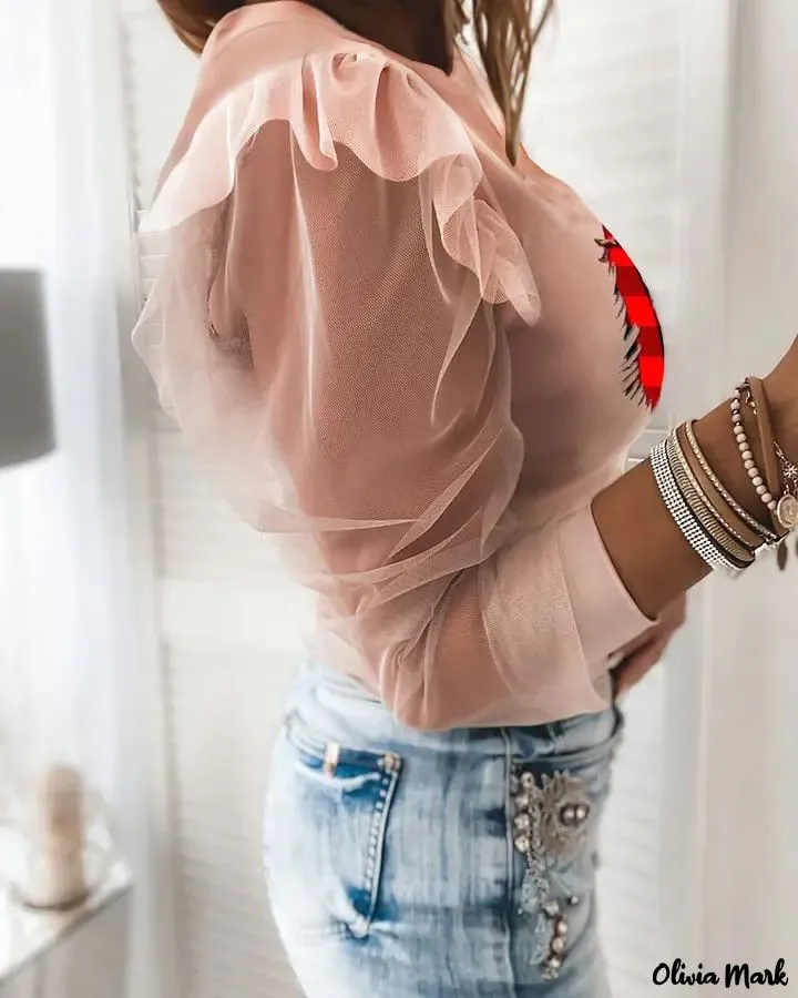 Xieyinshe - Christmas Tree Print Sheer Mesh Long Sleeve Top
