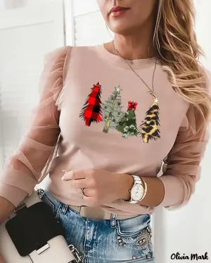 Xieyinshe - Christmas Tree Print Sheer Mesh Long Sleeve Top